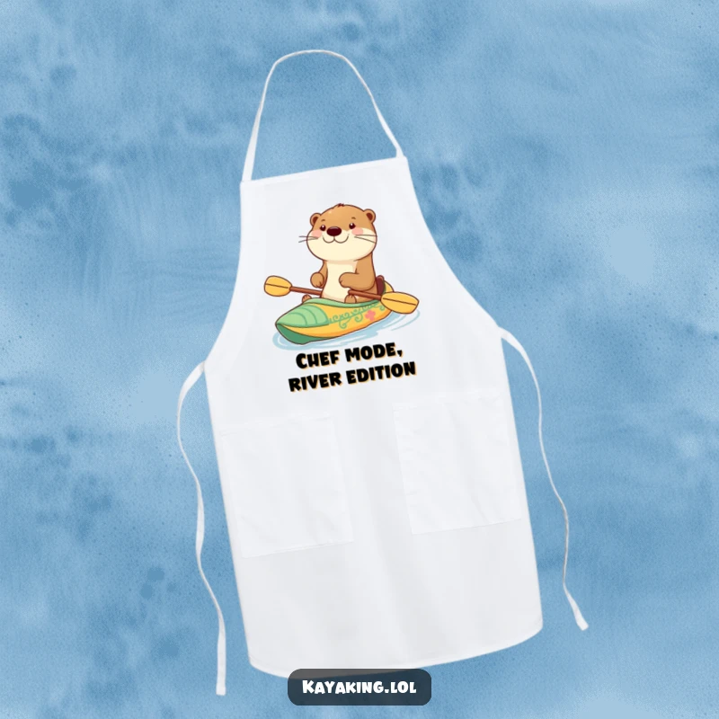 Funny apron showcasing a happy otter with a grin paddling a decorated kayak, bringing outdoor adventure and humor to the kitchen.