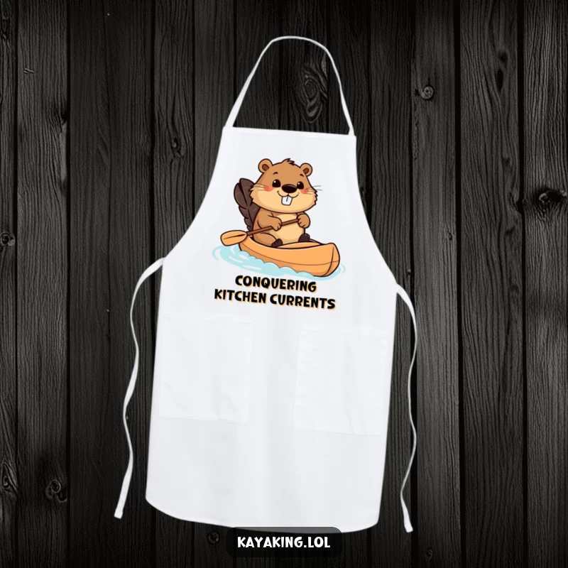 Funny beaver kayaking apron showing a determined beaver paddling a kayak, a humorous kitchen accessory for passionate cooks.