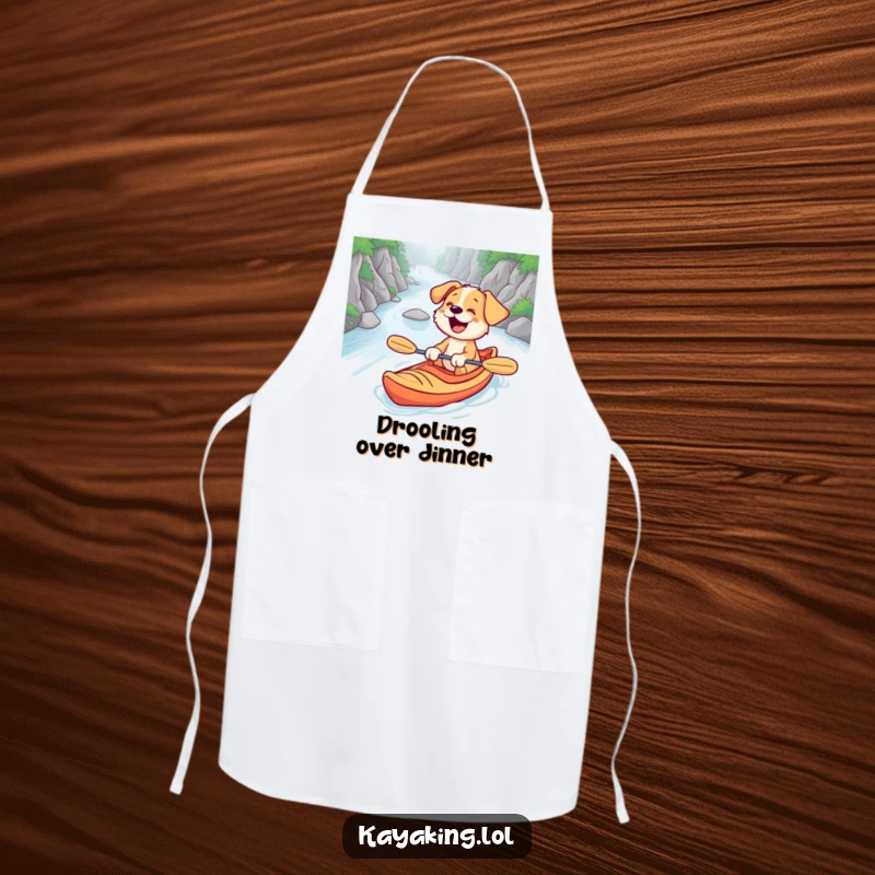 Funny apron with a giggling puppy kayaking down a river, adding humor and personality to kitchen attire.