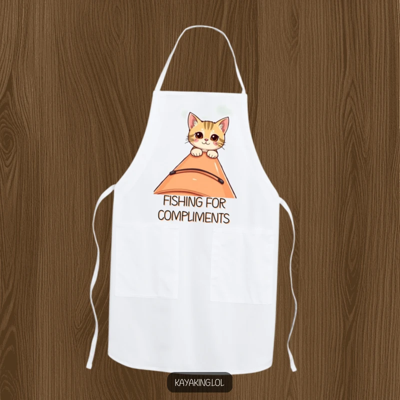 Funny apron showing a curious cat peeking over the edge of a kayak, bringing humor and a sense of adventure to the kitchen.