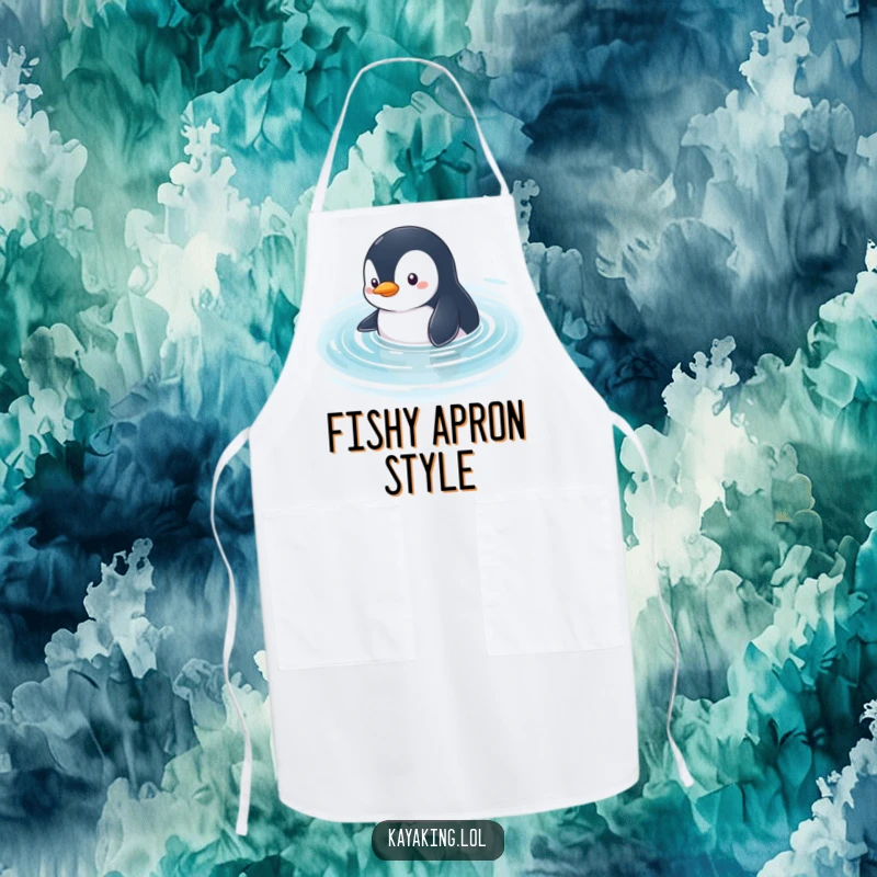 Funny Penguin Apron: A curious penguin glides through calm water while cooking, bringing exploration vibes.