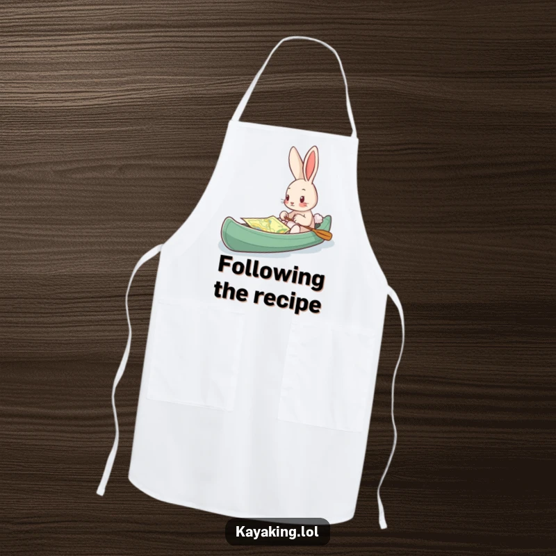 Funny Apron, a bunny using a map in a kayak, bringing curious charm and planning humor to the kitchen.