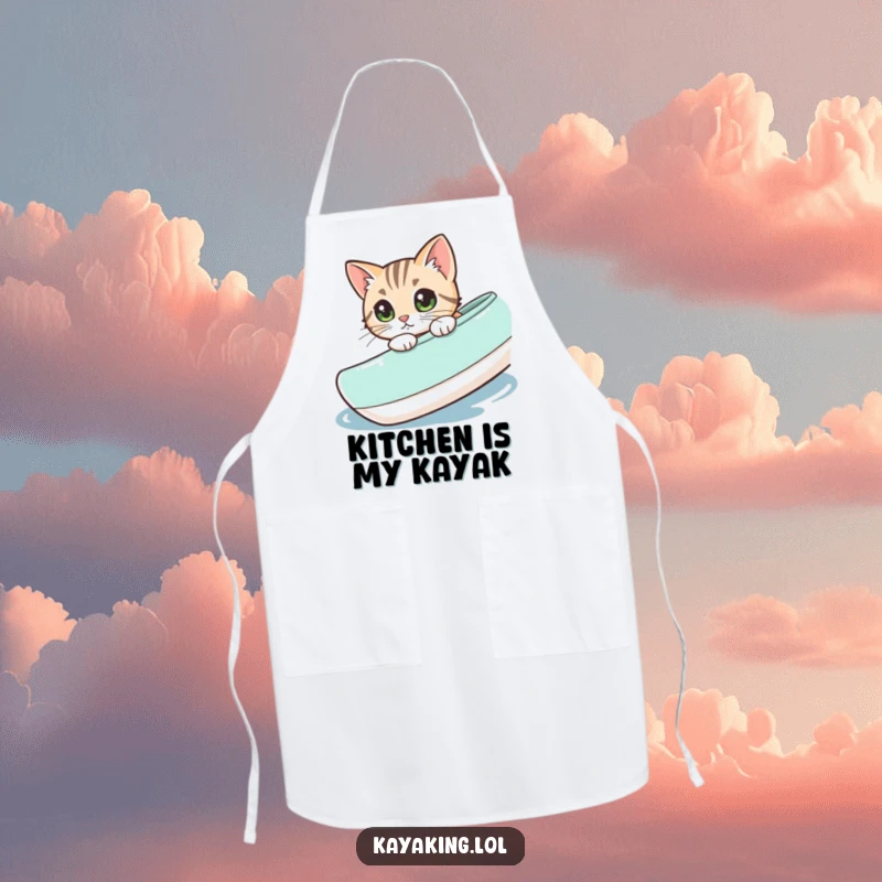 Funny cat peeking over a kayak, printed on an apron for a playful and practical kitchen accessory.
