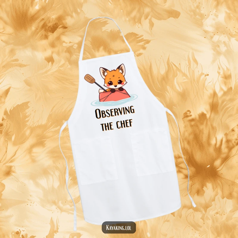 Funny apron illustrating a curious fox peeking from a kayak, adding a touch of sly humor to kitchen tasks.