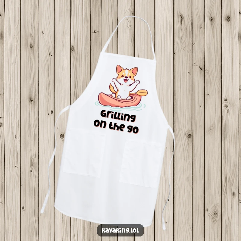 Funny dancing dog apron with a dog bobbing in a kayak, tail wagging, a humorous kitchen gift.