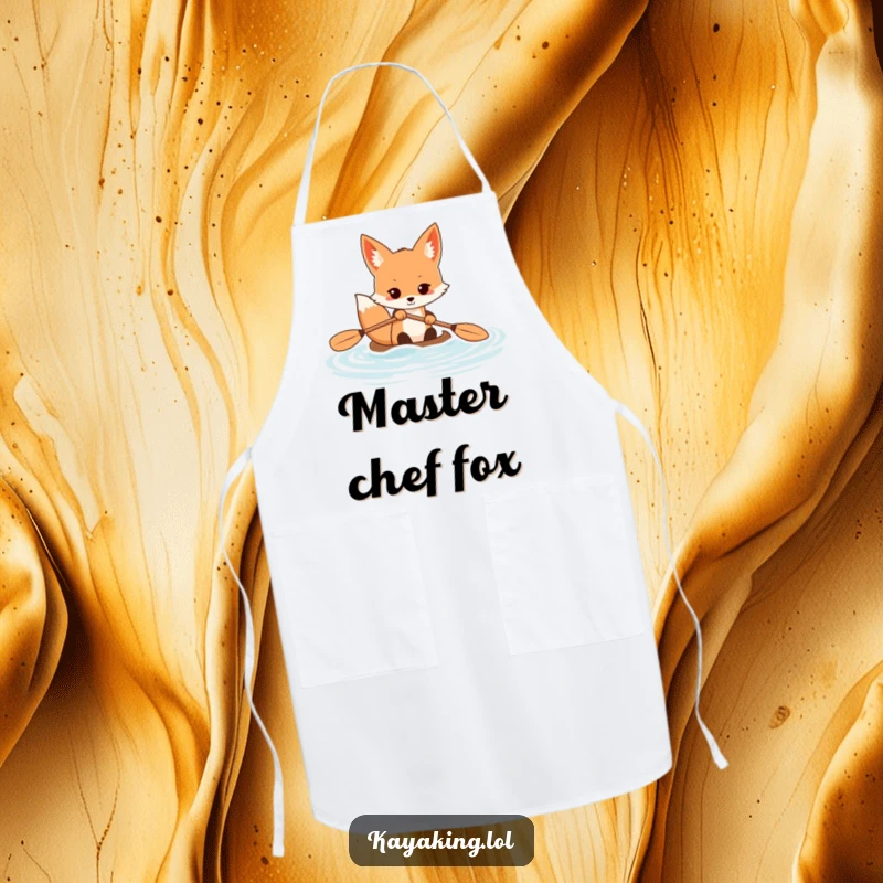 Funny fox apron showing a determined animal paddling a kayak, a humorous kitchen accessory for focused cooks.