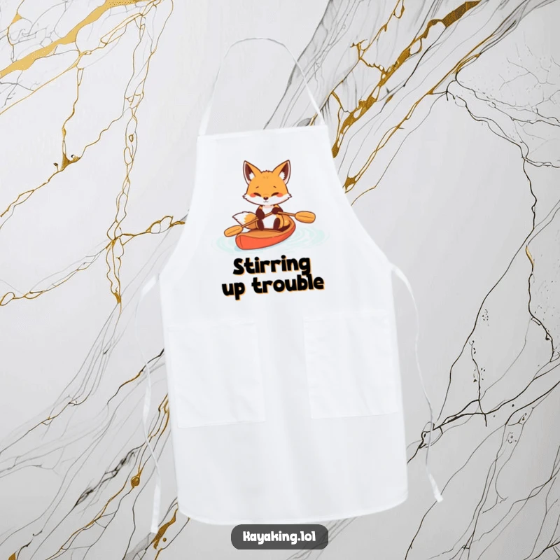 Funny Determined Fox Paddle Apron: A determined fox paddles hard, a humorous kitchen accessory.