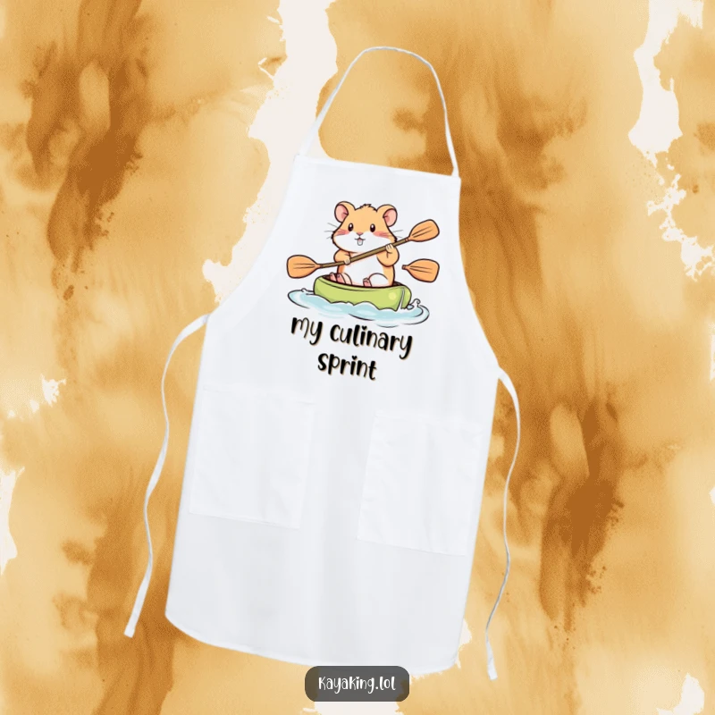 Funny Apron, a hamster paddling a kayak intensely, adding humorous motivation to kitchen tasks.