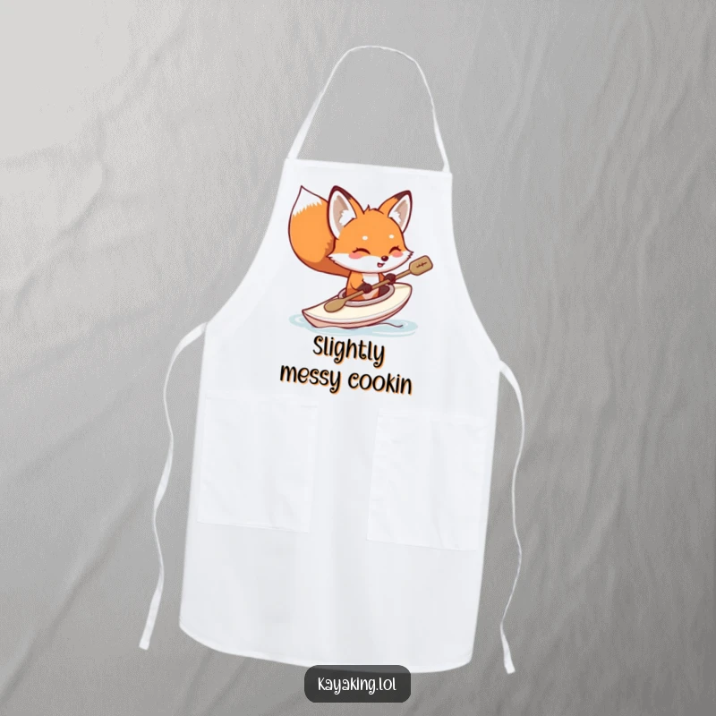 Funny fox kayaking apron, a playful red fox tipping its kayak, water splashing, ideal for kitchen use and cooking fun.