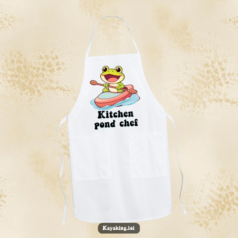 Funny apron showcasing a happy frog character paddling a kayak with a wide, excited grin, ready for culinary adventures.