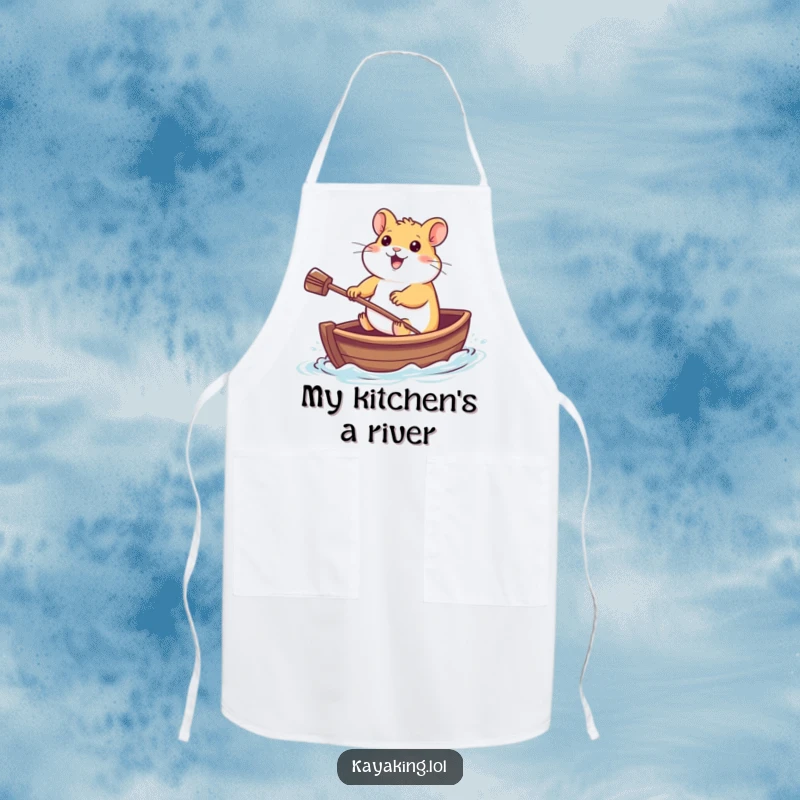 Funny Apron: A cheerful hamster in a tiny boat, ready to paddle through kitchen chaos, a humorous cooking companion.