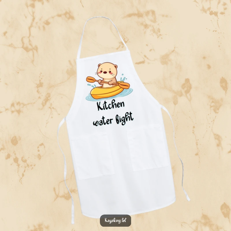 Funny apron illustrating a playful otter splashing water from a kayak, adding a splash of humor to cooking.