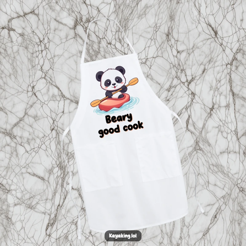 Funny panda kayaking apron shows a confident panda paddling a kayak with determination, ideal for adventurous cooks.
