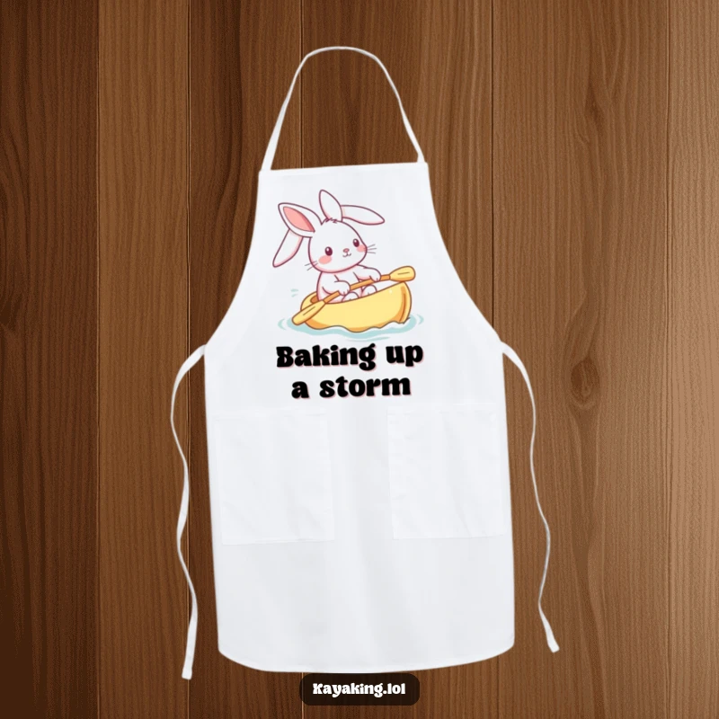 Funny bunny apron showing a playful rabbit steering a kayak, ears streaming, a humorous and charming kitchen accessory.