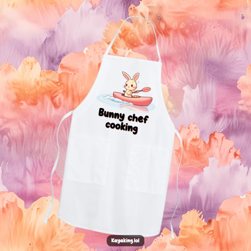 Funny rabbit kayaking quickly across calm water, featured on a chef's apron for humorous kitchen activities.