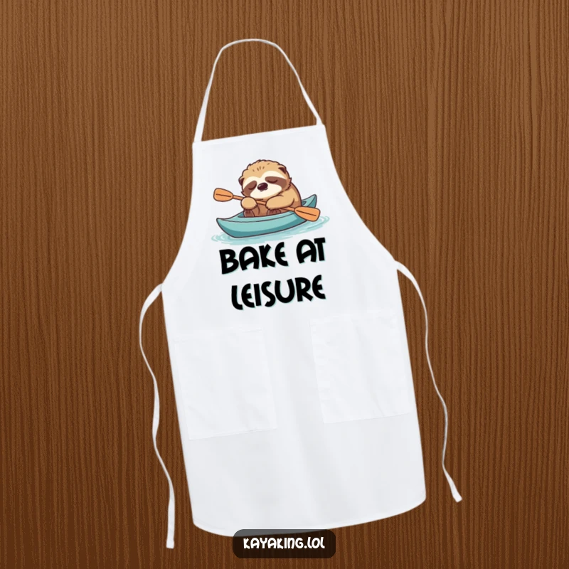 Funny sloth napping in a kayak with paddle, featured on a chef's apron for humorous, relaxed cooking.
