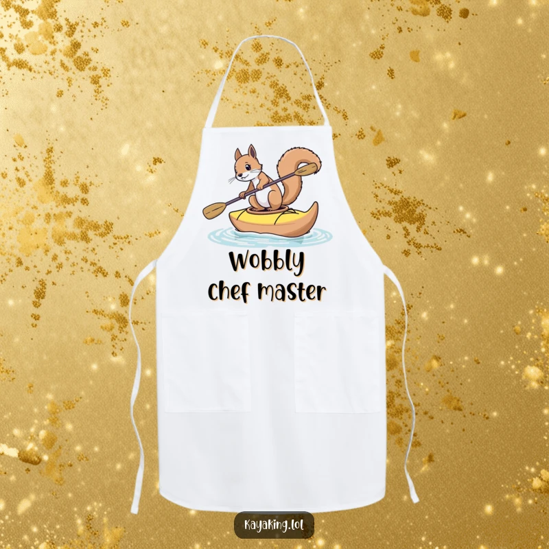 Funny squirrel apron showing a squirrel balancing in a kayak, a humorous kitchen accessory for those who love adventure.