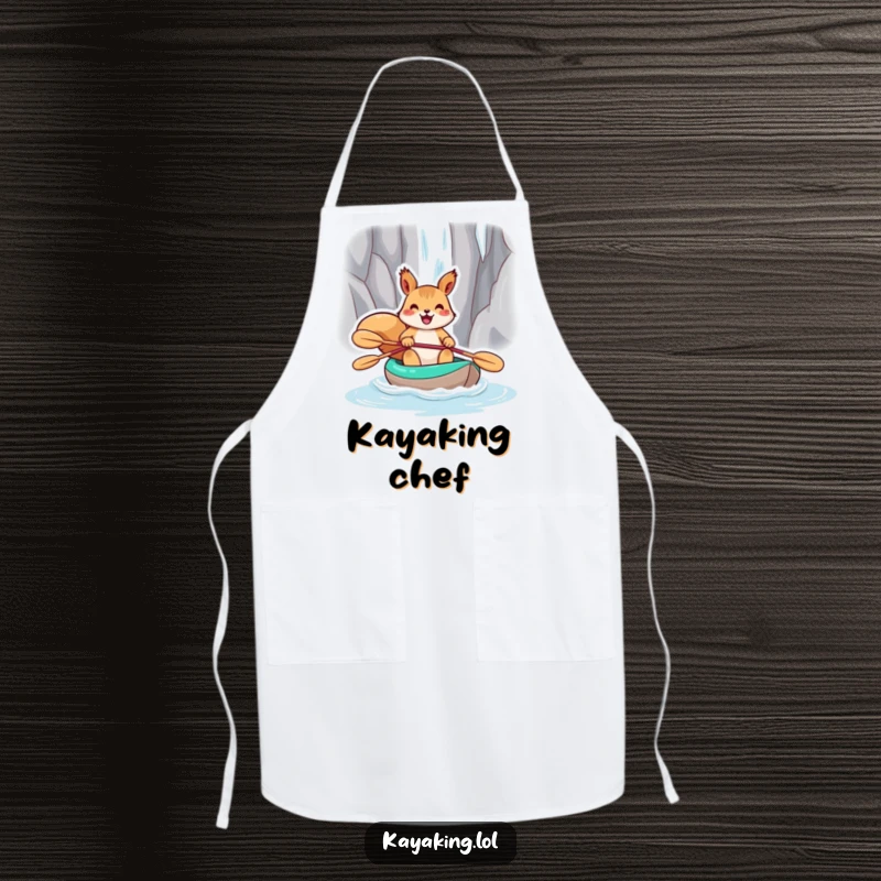 Funny squirrel in a kayak heading towards a waterfall, featured on a chef's apron for humorous cooking.