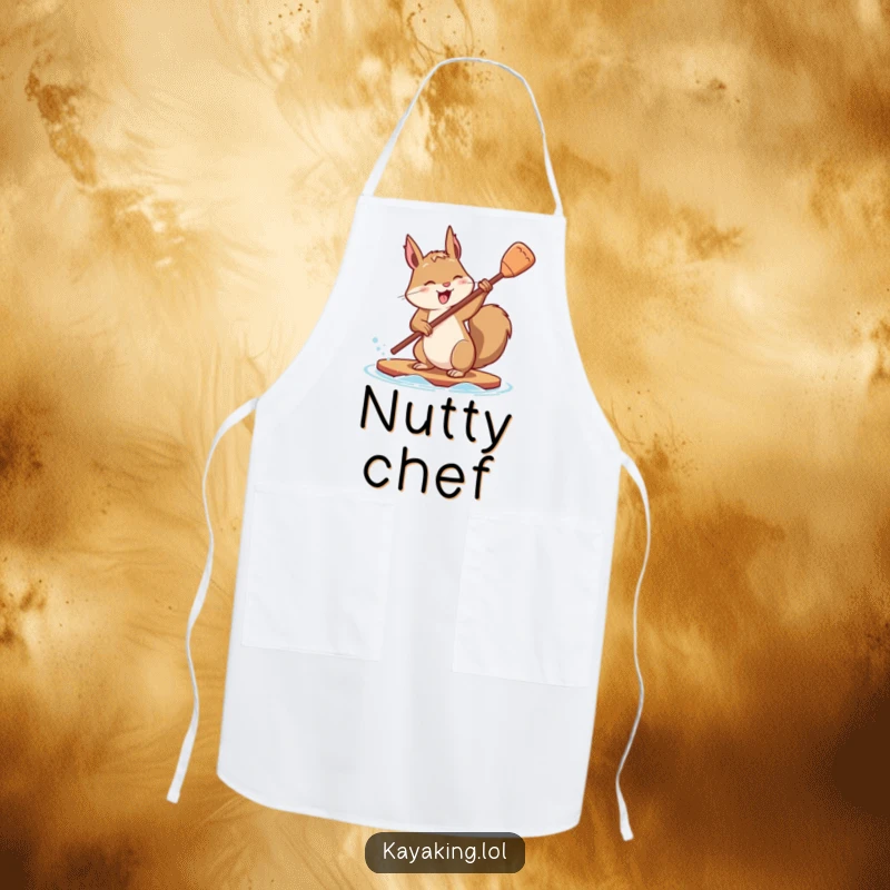 Funny apron with a determined squirrel mid-paddle flip with playful effort, great for kitchen adventures with a goal.