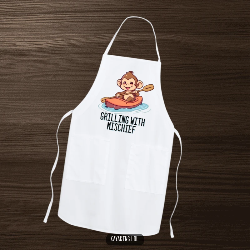 Funny Monkey Apron: A playful monkey with a mischievous grin steering a kayak while cooking, bringing fun.