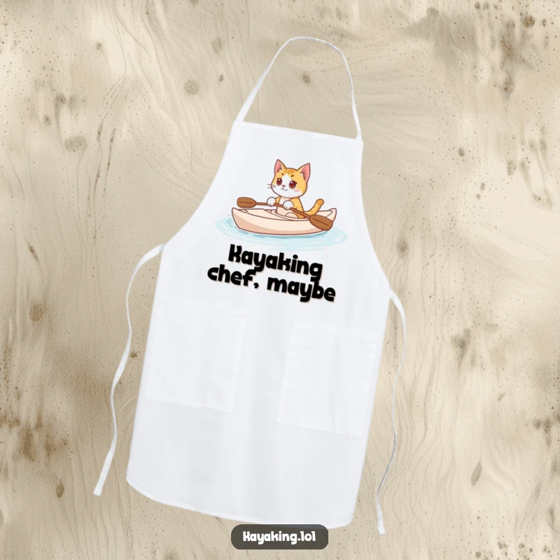Funny Cat Apron: Curious cat kayaking peacefully, a humorous addition to kitchen wear for chefs and pet lovers.