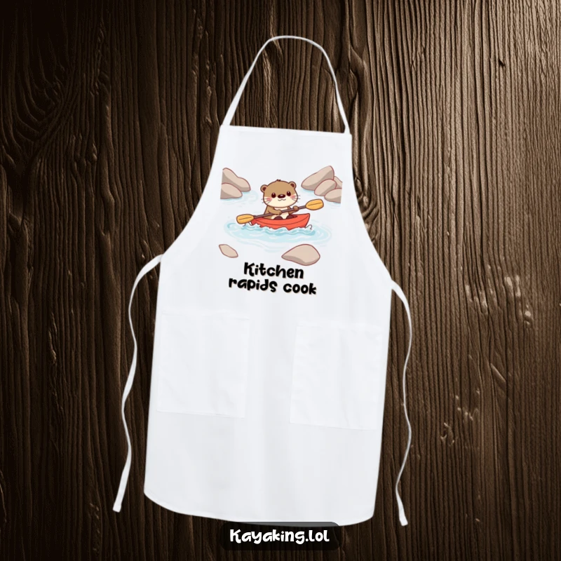 Funny apron showcasing a playful otter character kayaking through rapids, looking focused and fun, ready for culinary adventures.