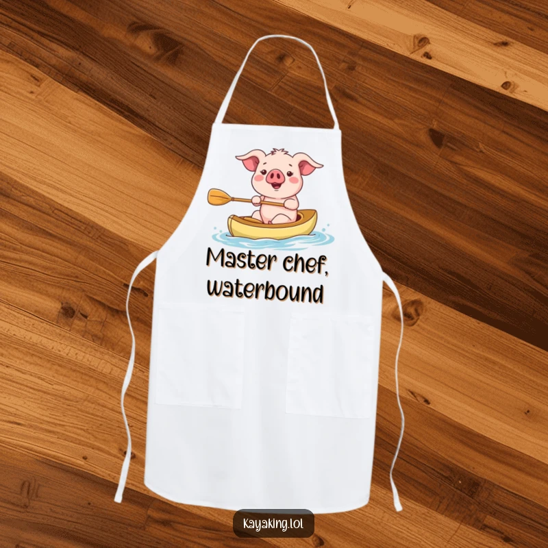 Funny kayaking pig apron, happily paddling a kayak. Great for kitchen adventures. Perfect gift.