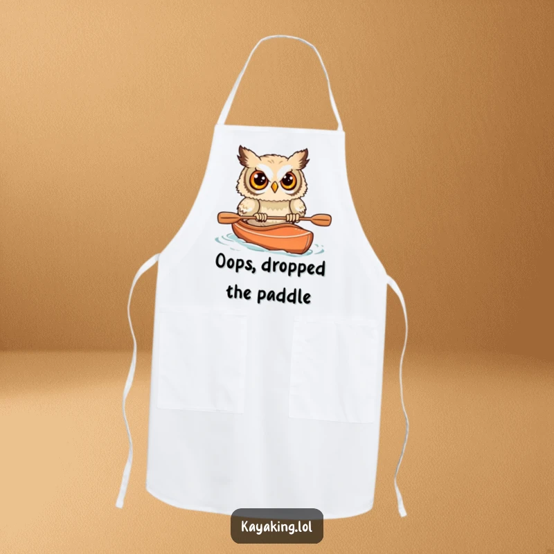 Funny Startled Owl Kayak Apron: A comical owl's kayaking trouble, a humorous kitchen accessory.