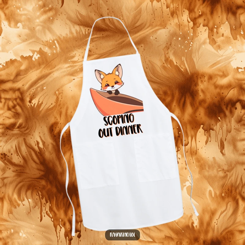 Funny curious fox peeking from a kayak on an apron, a whimsical and practical kitchen accessory for explorers.