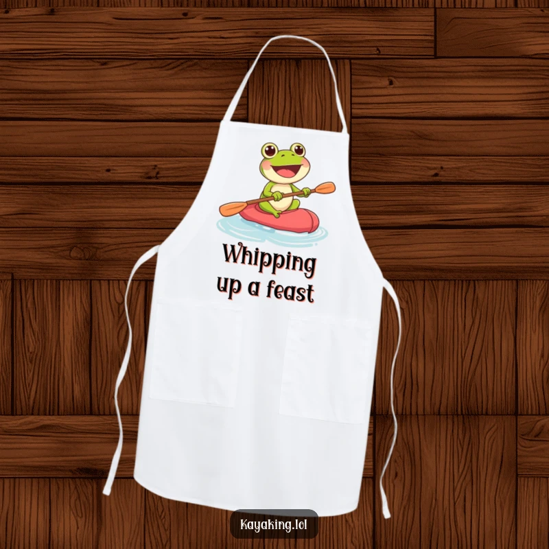 Funny frog enthusiastically paddling a kayak, printed on a chef apron for a playful cooking experience.