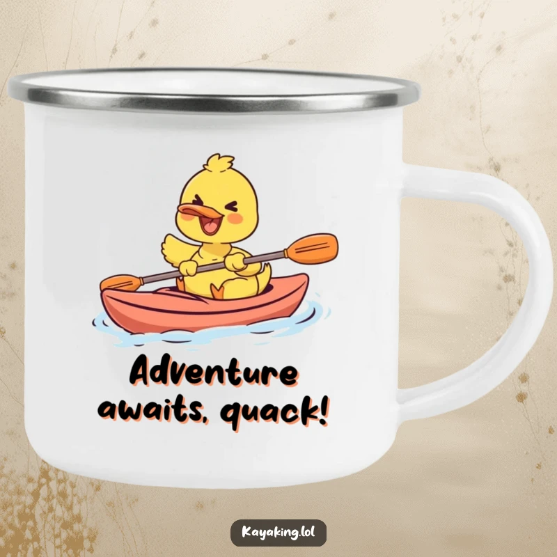 Funny camping mug with a happy duck paddling a kayak, built for rugged adventures and morning coffee.