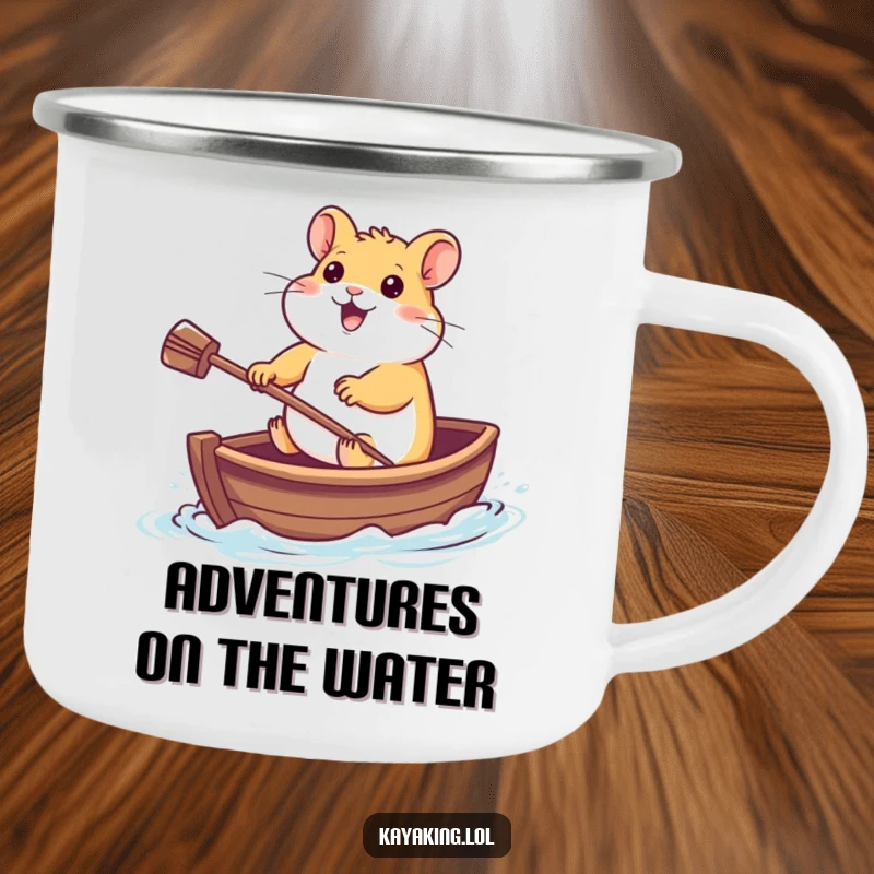 Funny Camping Mug: A cheerful hamster in a tiny boat, paddling along a scenic route, perfect for outdoor humor.