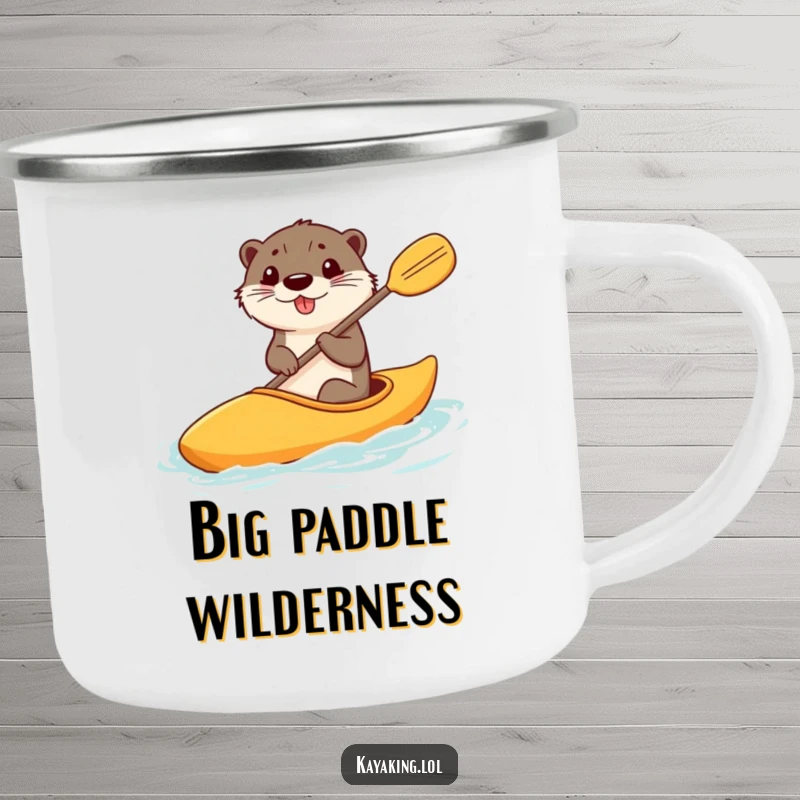 Funny camping mug with a happy otter steering a kayak with a comically large paddle, for outdoor enjoyment.