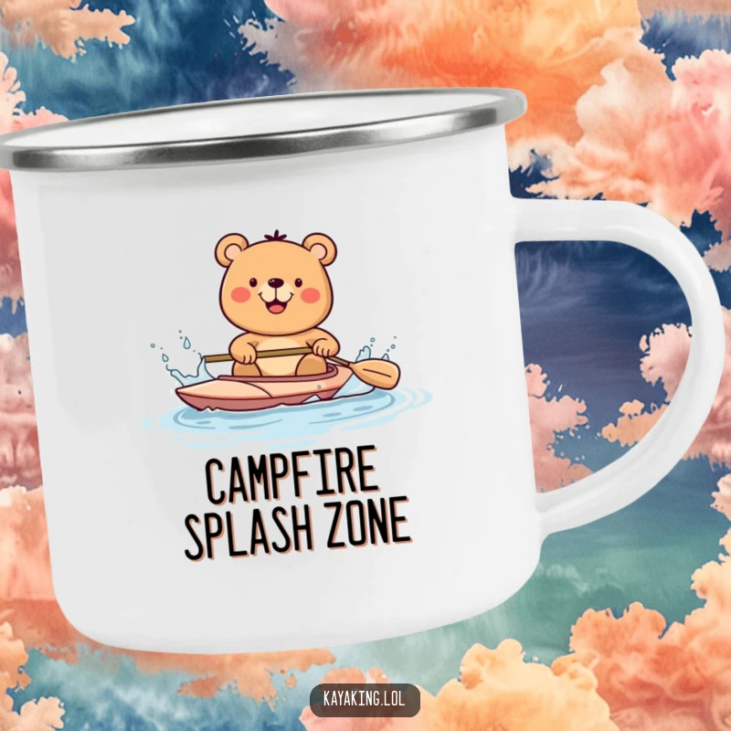 Funny bear in a kayak, splashing water with a paddle, printed on a camping mug, perfect for outdoor beverage enjoyment.