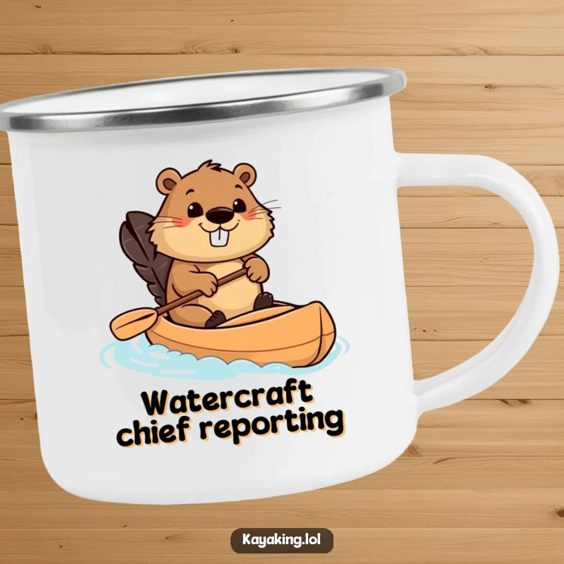 Funny beaver kayaking camping mug with a determined beaver paddling, perfect for outdoor drinks and a humorous campfire accessory.