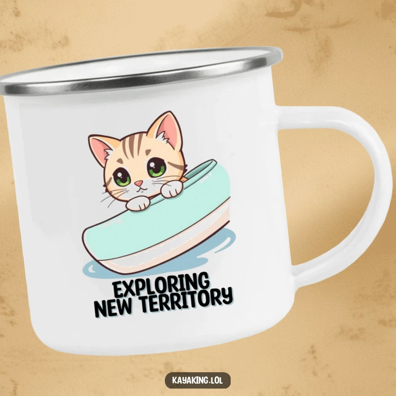 Funny cat peeking over a kayak, perfect for camping enthusiasts who love Feline exploration. A rugged, fun mug.