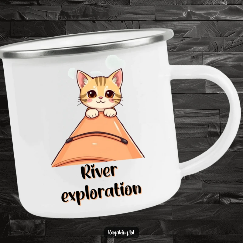 Funny camping mug featuring a curious cat peeking over the edge of a kayak, perfect for outdoor trips and moments of intrigue.