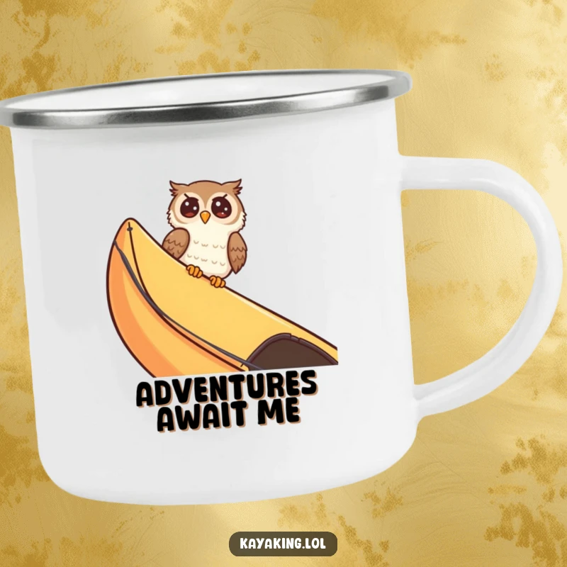Funny giggling owl peeking over a kayak edge, enjoying the great outdoors with a hearty laugh. This camping mug is a hoot!