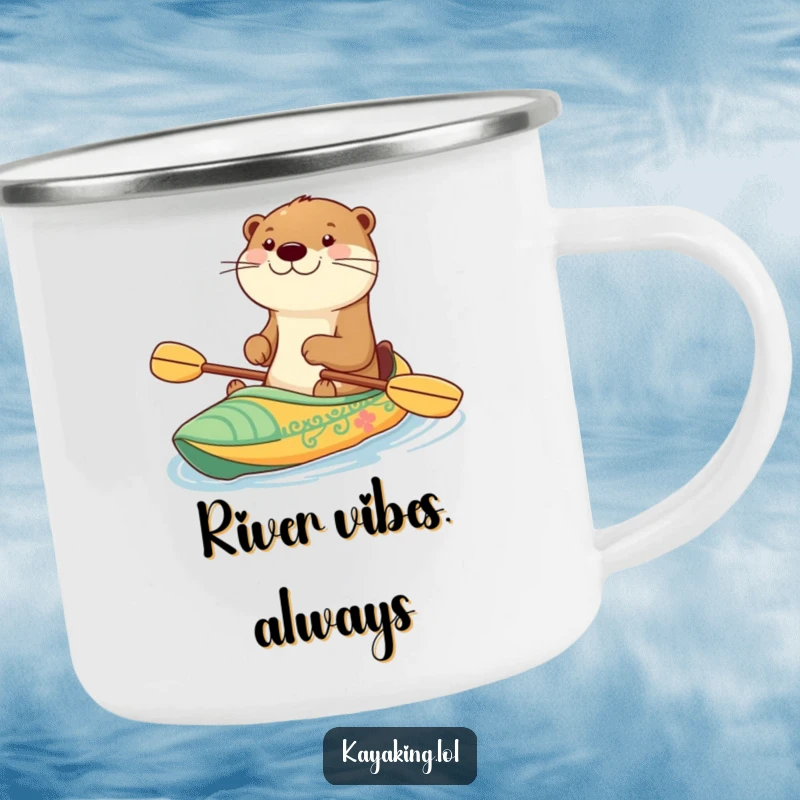 Funny camping mug featuring a happy otter with a grin paddling a decorated kayak, perfect for outdoor enthusiasts and cheerful mornings.