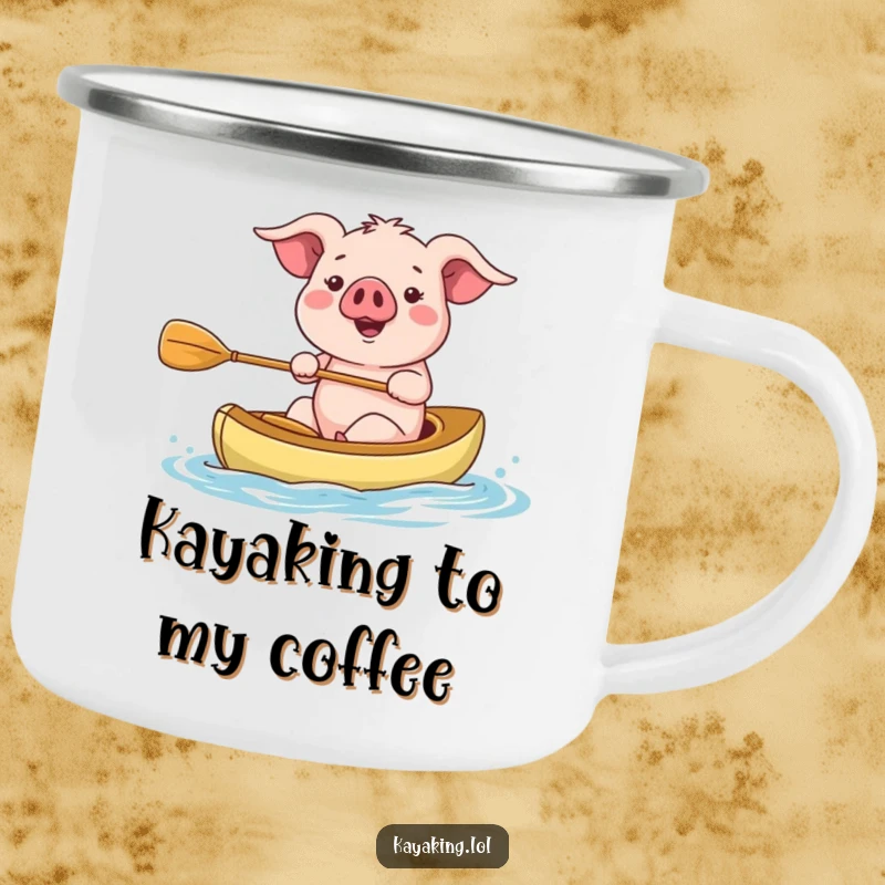 Funny kayaking pig camping mug, happily paddling a kayak. Durable and fun for outdoor adventures.