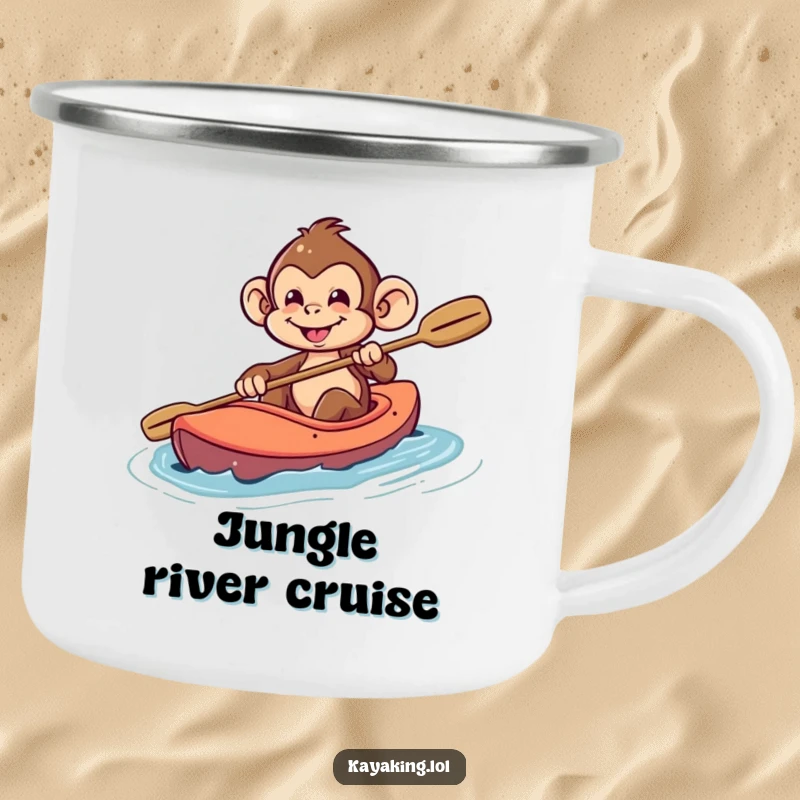 Funny Monkey Camping Mug: Playful monkey with a mischievous grin steering a kayak, perfect for adventurous outdoor enjoyment.