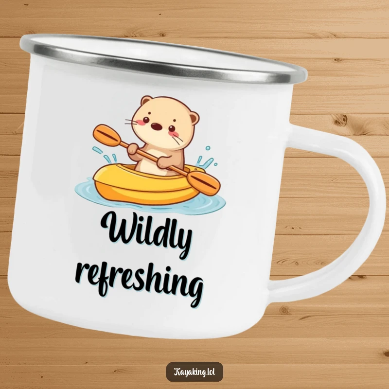 Funny camping mug with a playful otter splashing water from a kayak, ready for any outdoor escapade.