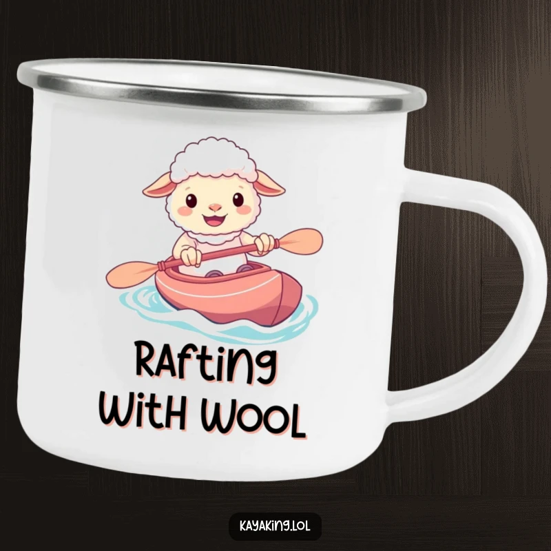 Funny camping mug depicting a grinning sheep skillfully paddling its kayak, perfect for outdoor fun and cheerful moments.