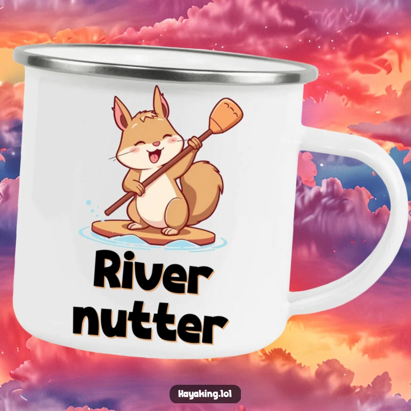 Funny camping mug depicting a determined squirrel energetically flipping its paddle with playful effort, perfect for outdoor fun.