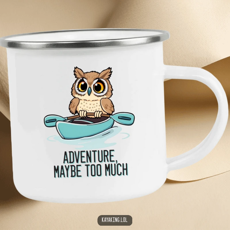 Funny owl camping mug depicting a startled bird in a kayak, its wide eyes and near-capsize humorously captured for outdoor enthusiasts.