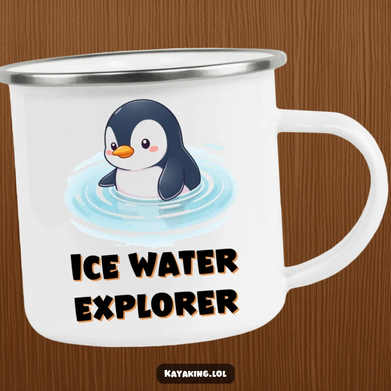 Funny Penguin Camping Mug: Curious penguin glides through calm water, looking around, perfect for adventurous outdoor enjoyment.