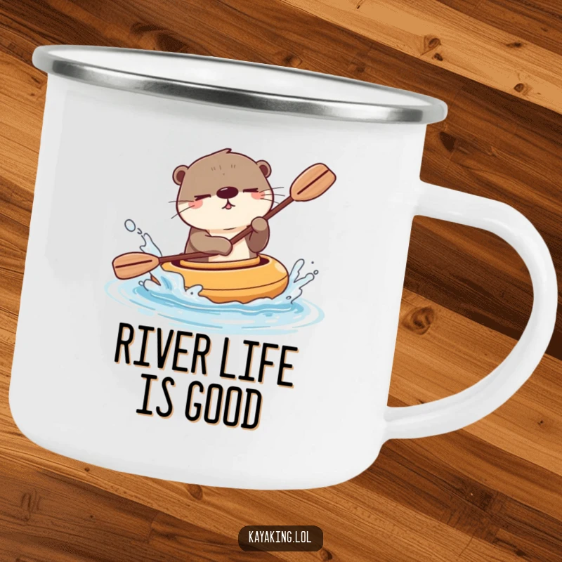 Funny winking otter splashing water playfully from its kayak, ideal for outdoor enjoyment. This camping mug is otter-ly fantastic.