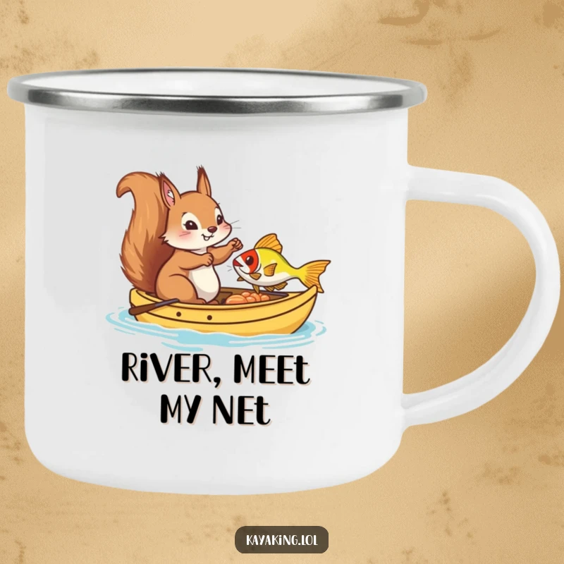 Funny Camping Mug, a squirrel in a kayak fishing, designed for outdoor enthusiasts who love humor and adventure.