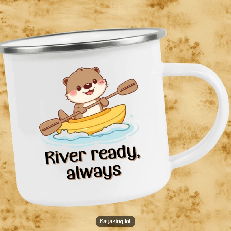 Funny camping mug featuring a happy otter in a kayak, complete with cheerful splashes, ideal for enjoying drinks in the great outdoors.