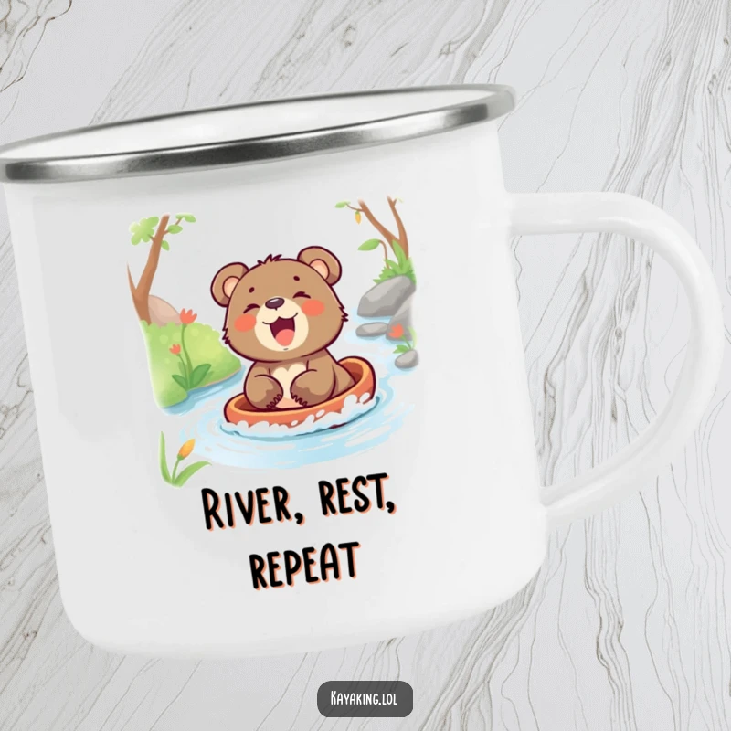 Funny camping mug depicting a laughing bear cub gliding down a stream, perfect for outdoor fun and cheerful moments.
